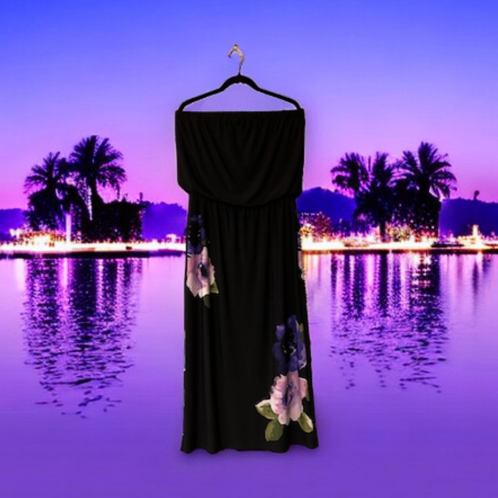 Black Strapless Maxi Dress w/Purple & Pink Flowers